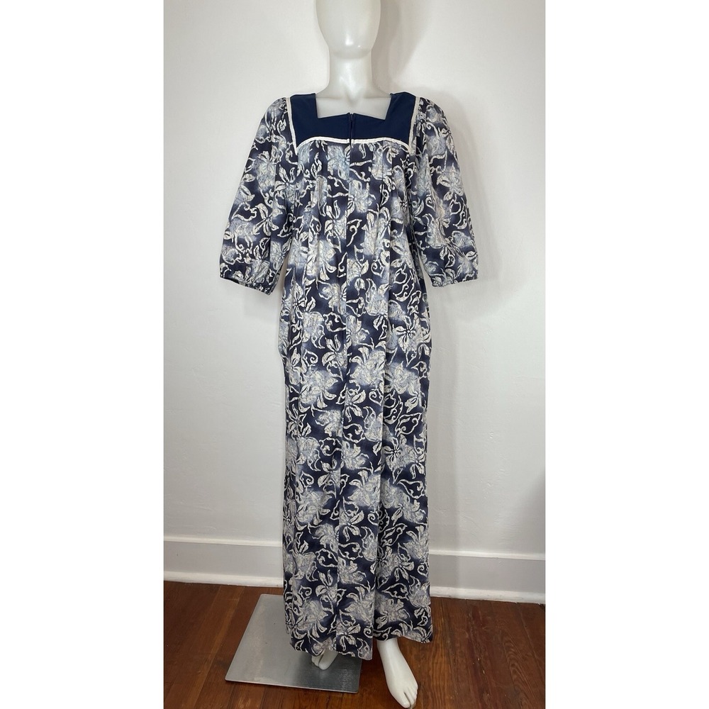VTG 70s Krist Gudnason Maxi Dress Muumuu 3/4 Zip Front Side Pockets SZ M